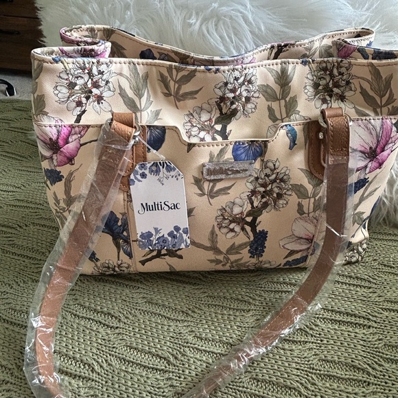 Multisac Handbags - NWT MultiSac Pastel Medium Floral Cream Tote Bag with Tan Straps